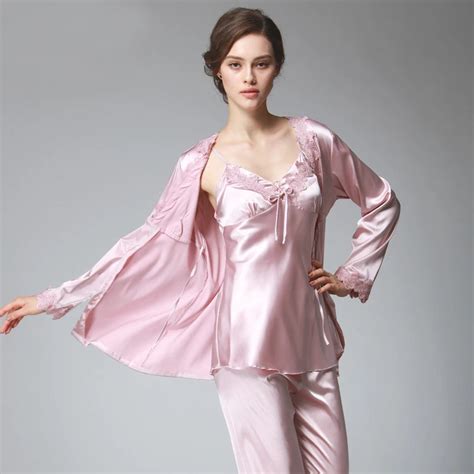 buy ps036 ladies satin silk pyjamas female sexy lace v neck 3 pieces pajama set