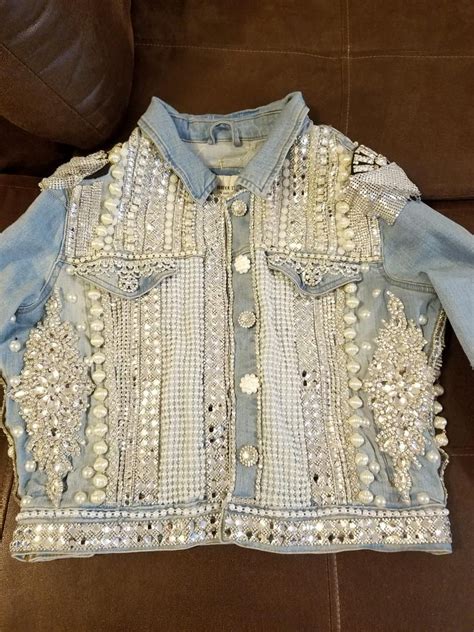 handsewn bling jean jacket etsy canada upcycle clothes diy denim jacket denim and lace