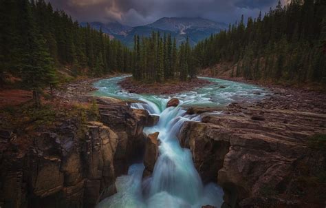 Wallpaper Forest Trees Mountains River Waterfall Canada Albert