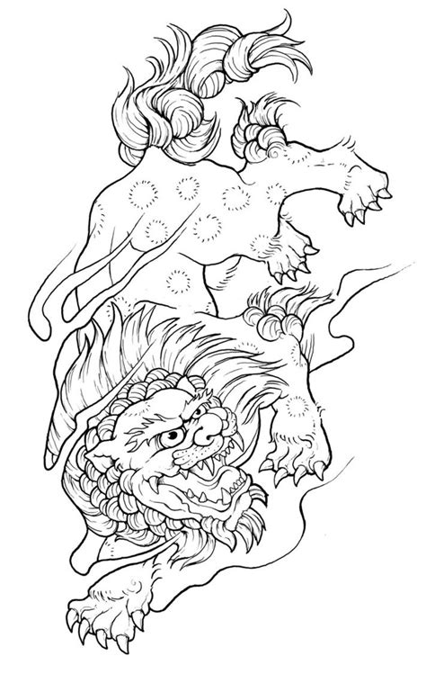 Luxury Outline Chinese Foo Dog Hunting On His Prey Tattoo