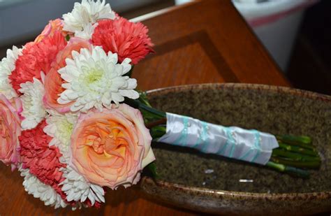 Coral Rose Carnation And White Mum Wedding Bouquet With White And Aqua
