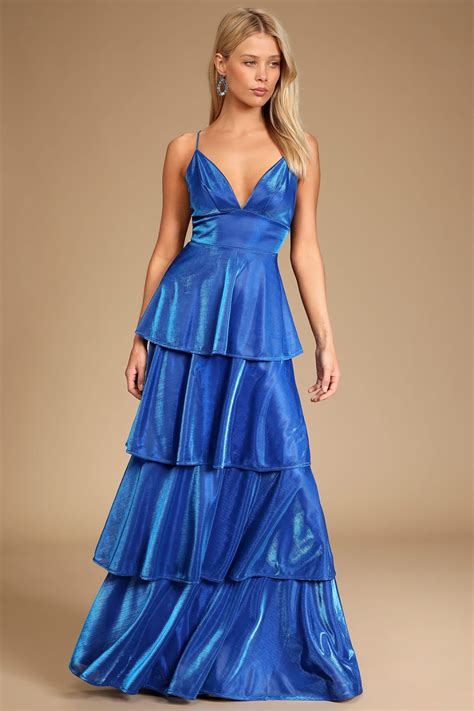 Cant Stop The Glam Blue Metallic Tiered Maxi Dress Ruffle Prom Dress