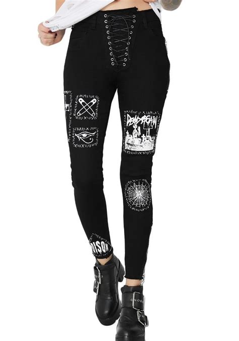 Current Mood Black Lace Up Patch Jeans Dolls Kill Patched Jeans Punk Outfits Fashion