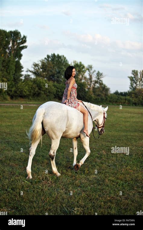 Young Pretty Women Bareback Riding Her White Horse Stock Photo Alamy