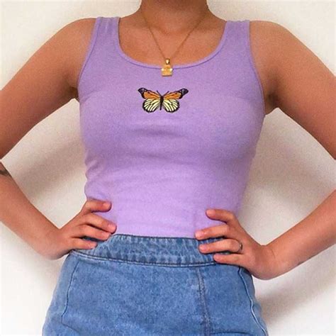 Colorful Butterfly Embroidered Ribbed Cotton Tank Top Crop Top Sunifty