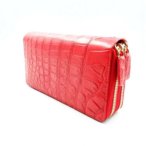 New Bloody Red Crocodile Leather Belly Skin Women Double Zipper Clutch