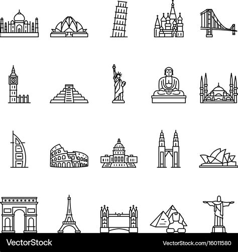 World Landmarks Outline Icon Set Royalty Free Vector Image