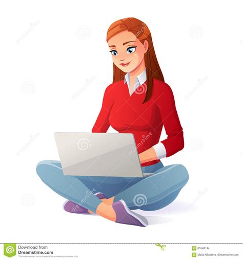 Vector Beautiful Young Woman Working With Laptop Sitting
