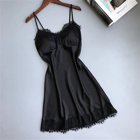 Black Sexy Nightgown Womens Mini Nightdress V Neck Sleepwear Lace