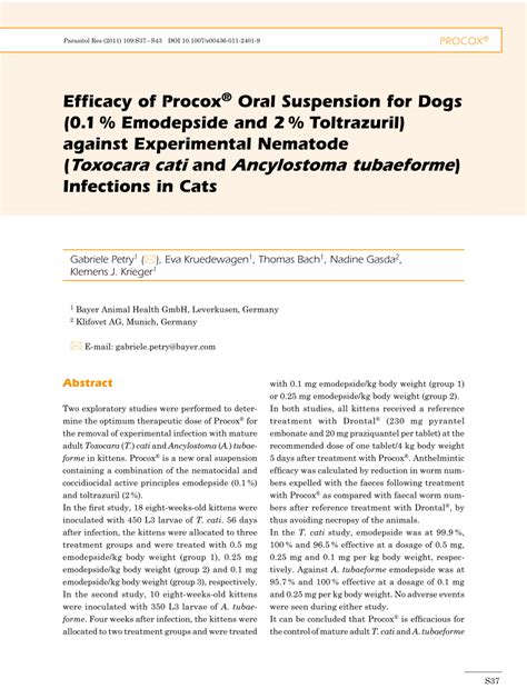 It is used in the treatment and prevention of coccidiosis. (PDF) Efficacy of Procox® Oral Suspension for Dogs (0.1% Emodepside and 2% Toltrazuril) against ...