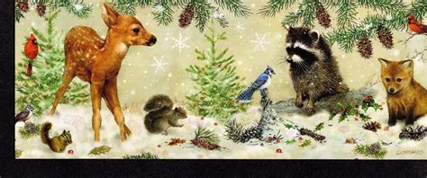 Woodland Animals In Snowy Forest And Glitter Accents Panoramic Christmas