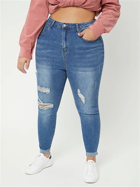 SHEIN SXY Jeans Ajustados De Talle Alto Con Lavado Desgarro Crudo