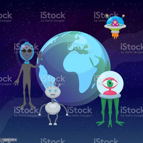 Ufo Game Cartoon Aliens With Earth Planet Globe Vector Illustrat Stock