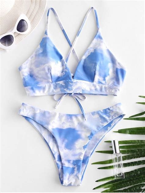 Off Zaful Sky Print Lace Up Padded Bikini Swimsuit In Multi