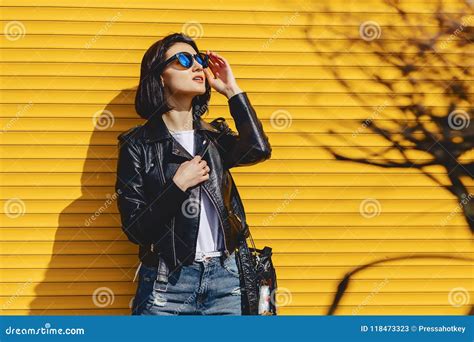 Beautiful Girl Sunglasses On Bright Yellow Background Stock Image Image Of Pretty Lifestyle