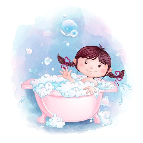 Una Niña Se Divierte Bañándose En Un Baño Rosa Con Espuma De Jabón Y Burbujas Vector Premium