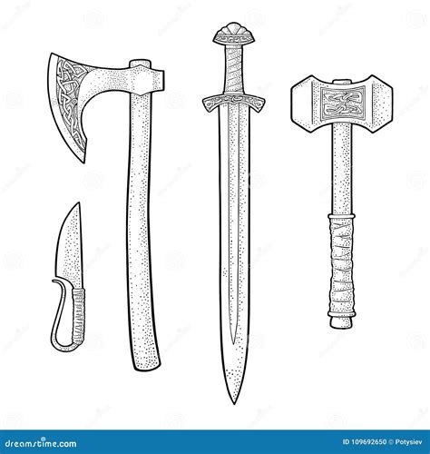 Set Medieval Weapons Engraving Stock Illustrations 16 Set Medieval