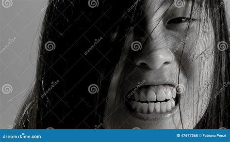 Extreme Closeup Of Female Asian Monster Screaming Slow Motion Black And