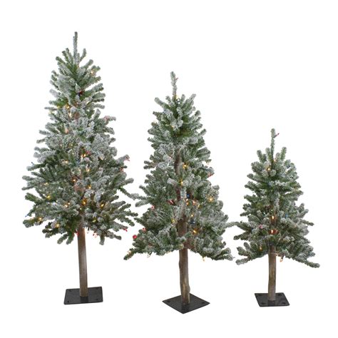 Set Of 3 Pre Lit Flocked Alpine Artificial Christmas Trees 5 Multi