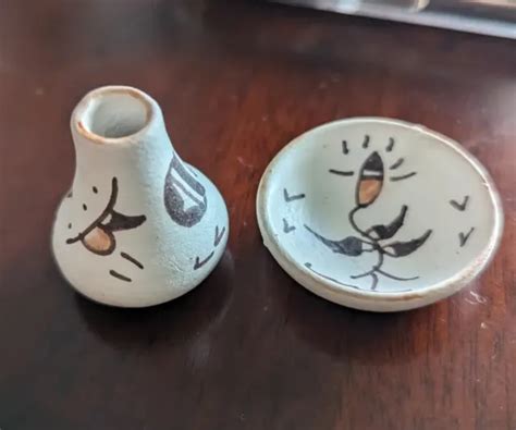 Vtg Isleta Pueblo Pottery Miniature Seed Pot Vase Plate Native American