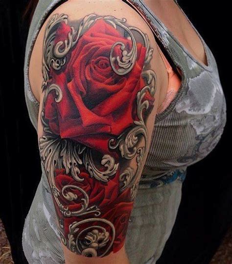 Big Red Colored Very Detailed Roses Tattoo On Shoulder Tattooimages Biz