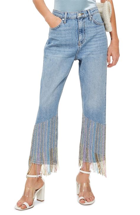 Topshop Denim Beaded Fringe Jeans In Blue Lyst