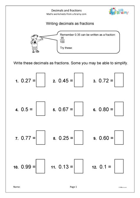 Decimals And Fractions Fraction And Decimal Worksheets For Year 6