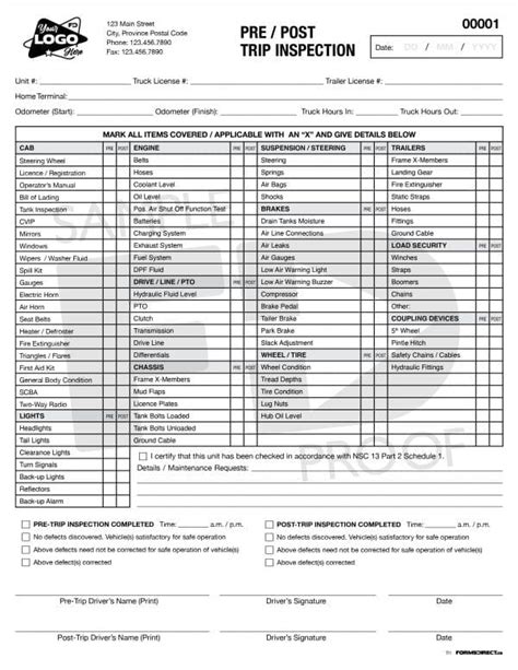 Pre Trip Inspection Form Template Printable Templates