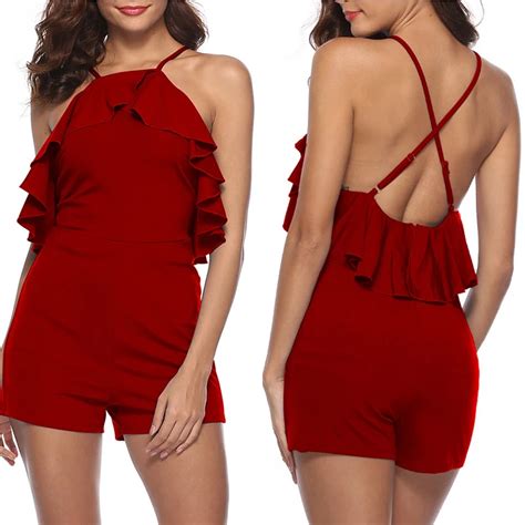 Sexy Cold Shoulders Halter Jumpsuits Womens New Fashion Flounced Shorts