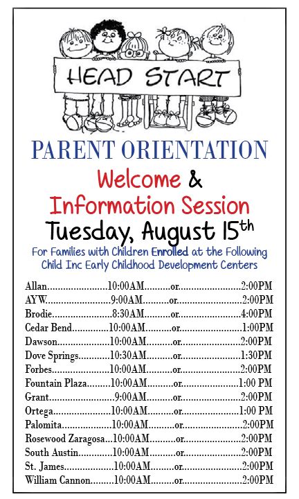 Child Inc Parent Orientation Schedule Child Inc