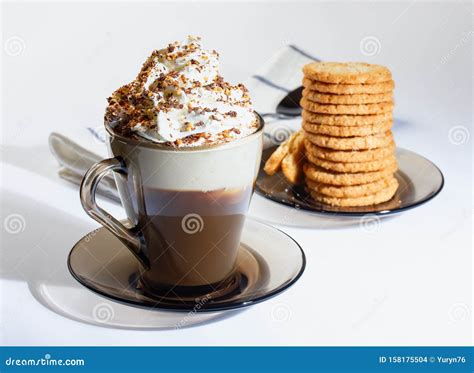 Coffee Cappuccino With Whipped Cream Sprinkled With Chocolate Chips