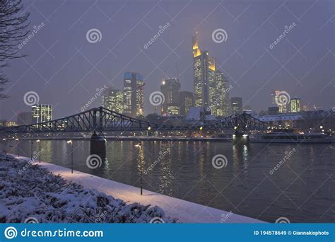 Frankfurt Snowy Night City View By The River Rhein Germany Europe