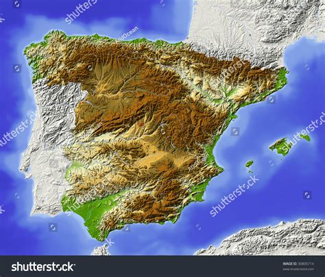 Spain Shaded Relief Map Surrounding Territory Stock Illustration