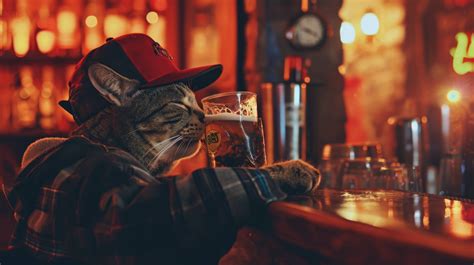 Cat Drinking Beer Funny Animal Photo Cat At Bar Humorous Pet Picture