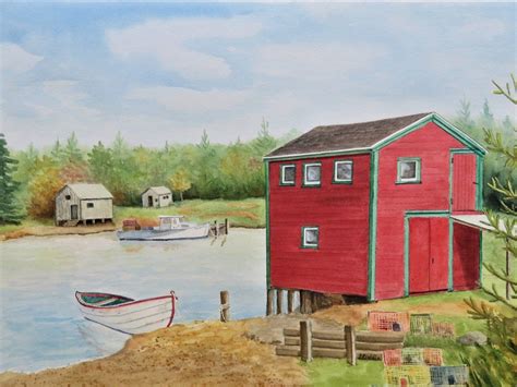 Red Boat House Watercolor Original Maine Seascape Lobster Etsy In