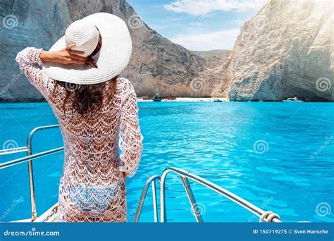Woman On A Yacht On The Island Of Zakynthos Greece Stock Image Image