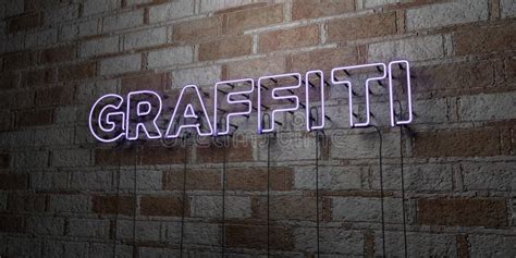 Graffiti Glowing Neon Sign On Stonework Wall 3d Rendered Royalty