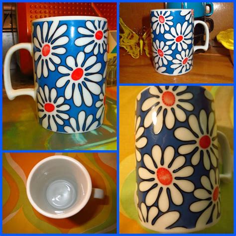 Vtg 1970s Retro Blue Daisy Flower Power Mod Groovy Ceramic Coffee Cup