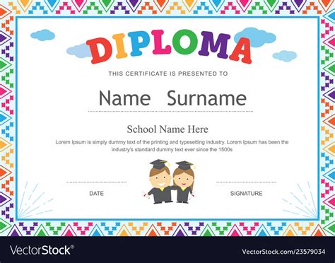 Kids Diploma Preschool Certificate Elementary Vector Image