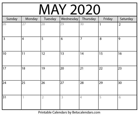 Blank May 2020 Calendar Printable Beta Calendars