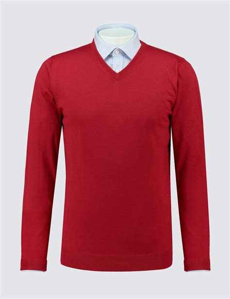 Mens Red V Neck Merino Wool Sweater Slim Fit Hawes And Curtis