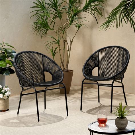 Hayk Outdoor Modern Faux Rattan Club Chair Set Of 2 Black