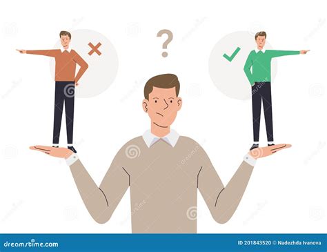 Ethical Dilemma Illustration with Man Choosing between Right or Wrong
