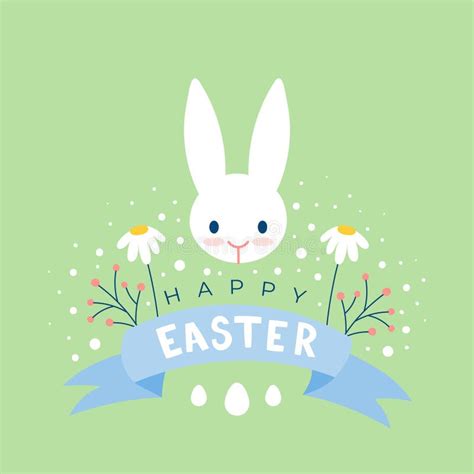 Happy Easter Greeting Card With Bunny Daisy Flowers Branches And