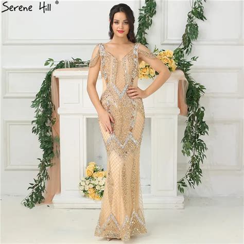 Gold Dubai Design V Neck Luxury Evening Dresses Diamond Beading Sexy