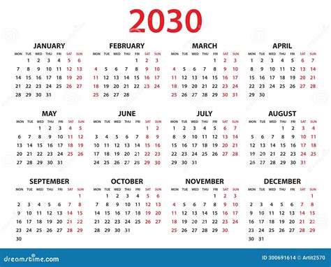 Calendar 2030 Year Vector Illustration Set Of 12 Calendar Week Starts