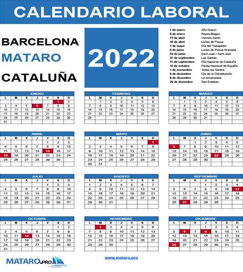 Calendario Laboral 2022 Mataró Barcelona