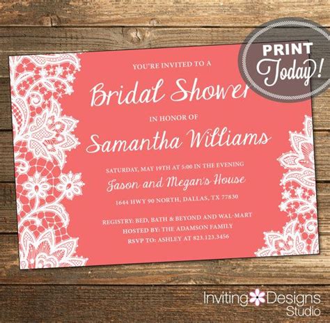 Lace Bridal Shower Invitation Wedding Shower Invitation Lace Coral White Printable File
