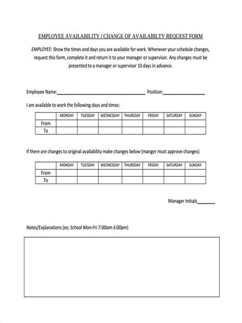 Printable Availability Form Printable Forms Free Online