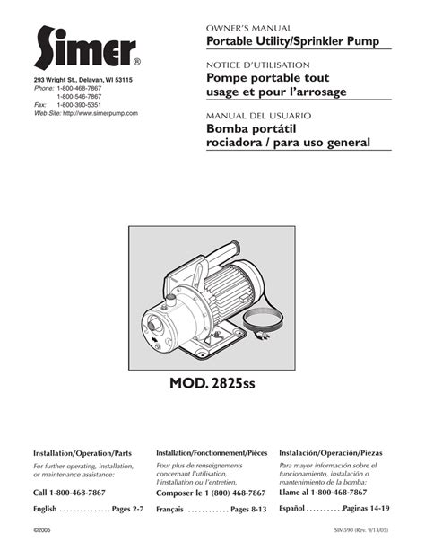 Simer Portable Utilitysprinkler Pump 2825ss User Manual 2825ss